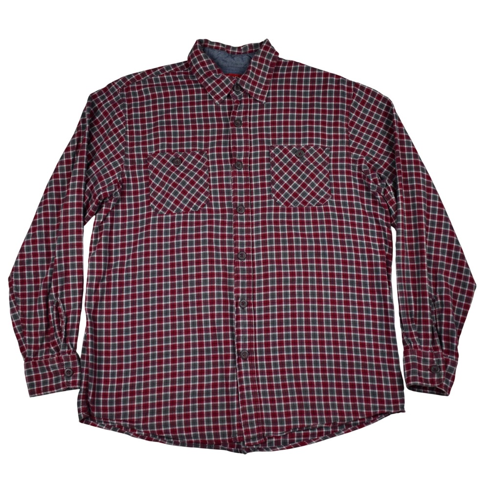 Wrangler Flannel Shirt Mens L Red Gray Plaid Button Up Long Sleeve Workwear Fall